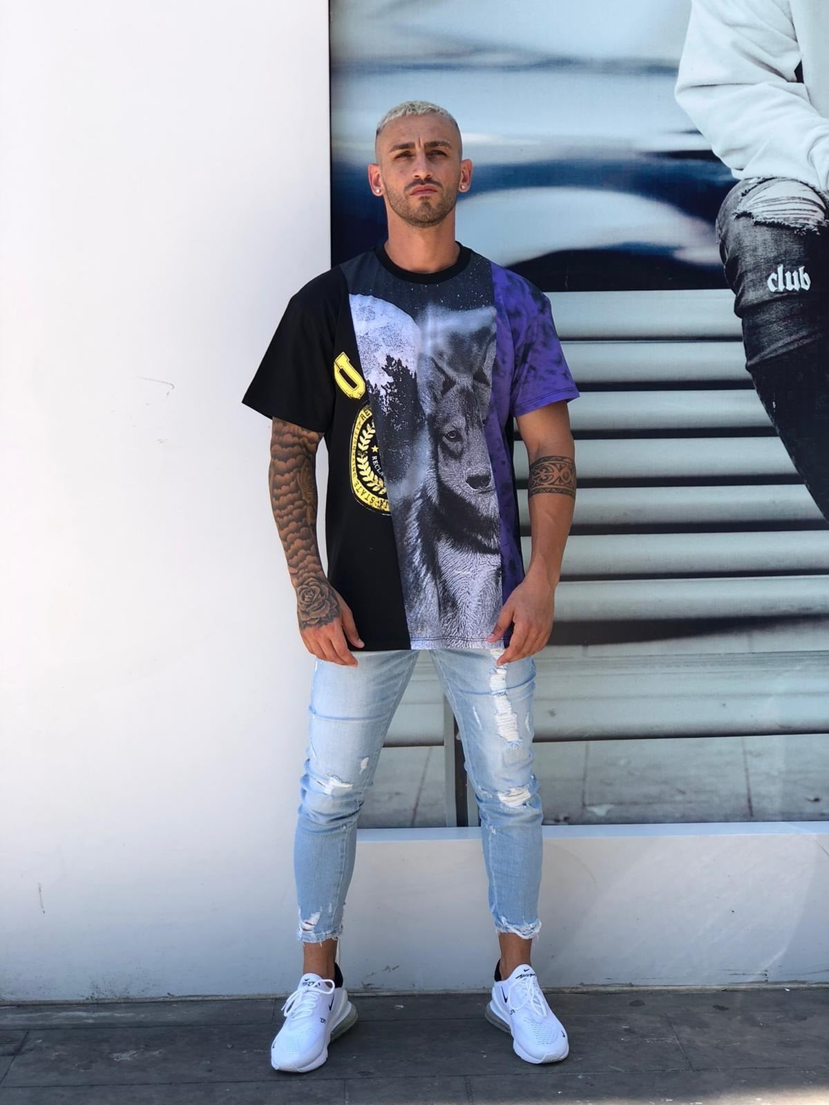 Oversize Önü Kurt BAskılı T shirt-Siyah