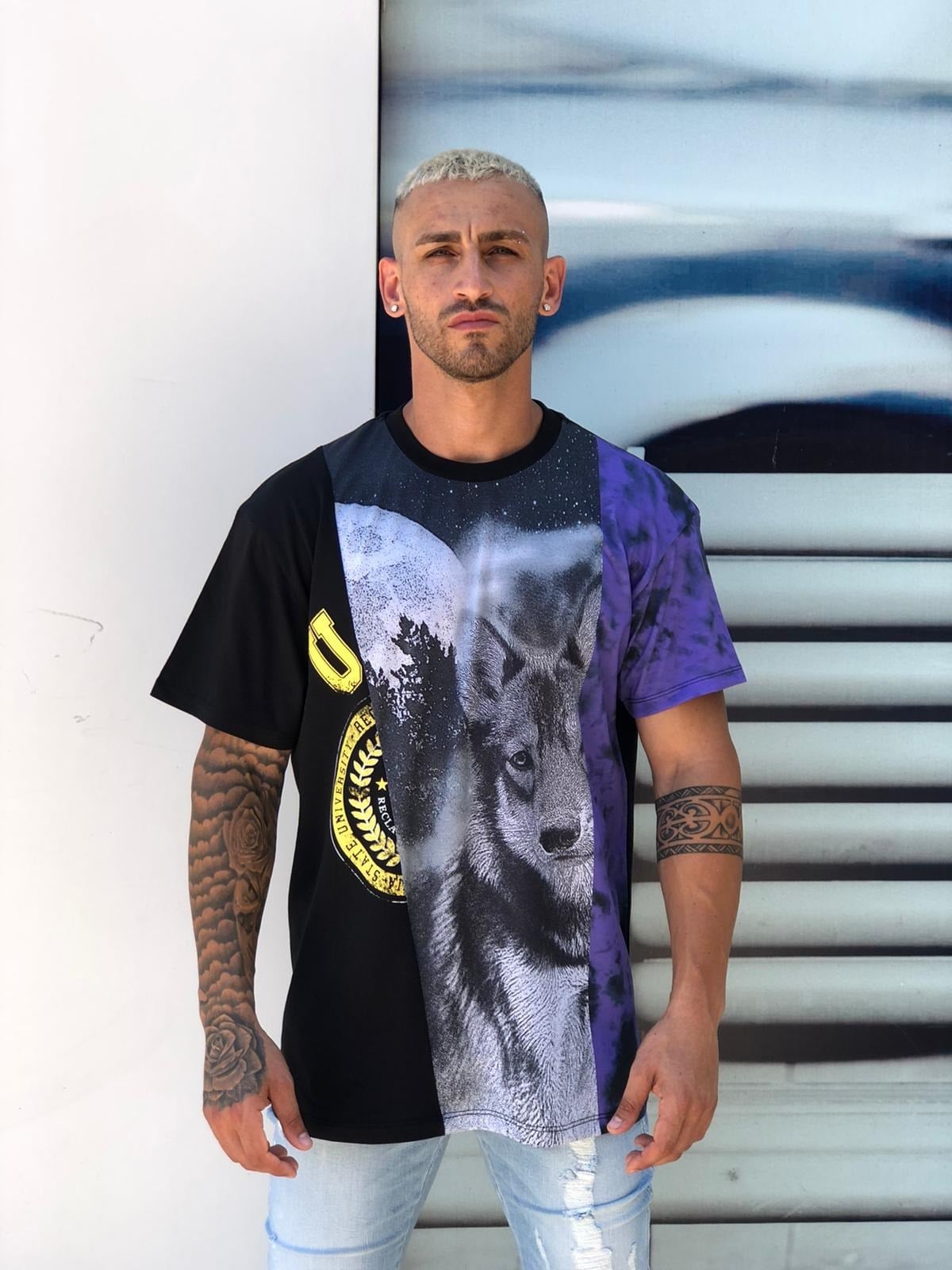 Oversize Önü Kurt BAskılı T shirt-Siyah
