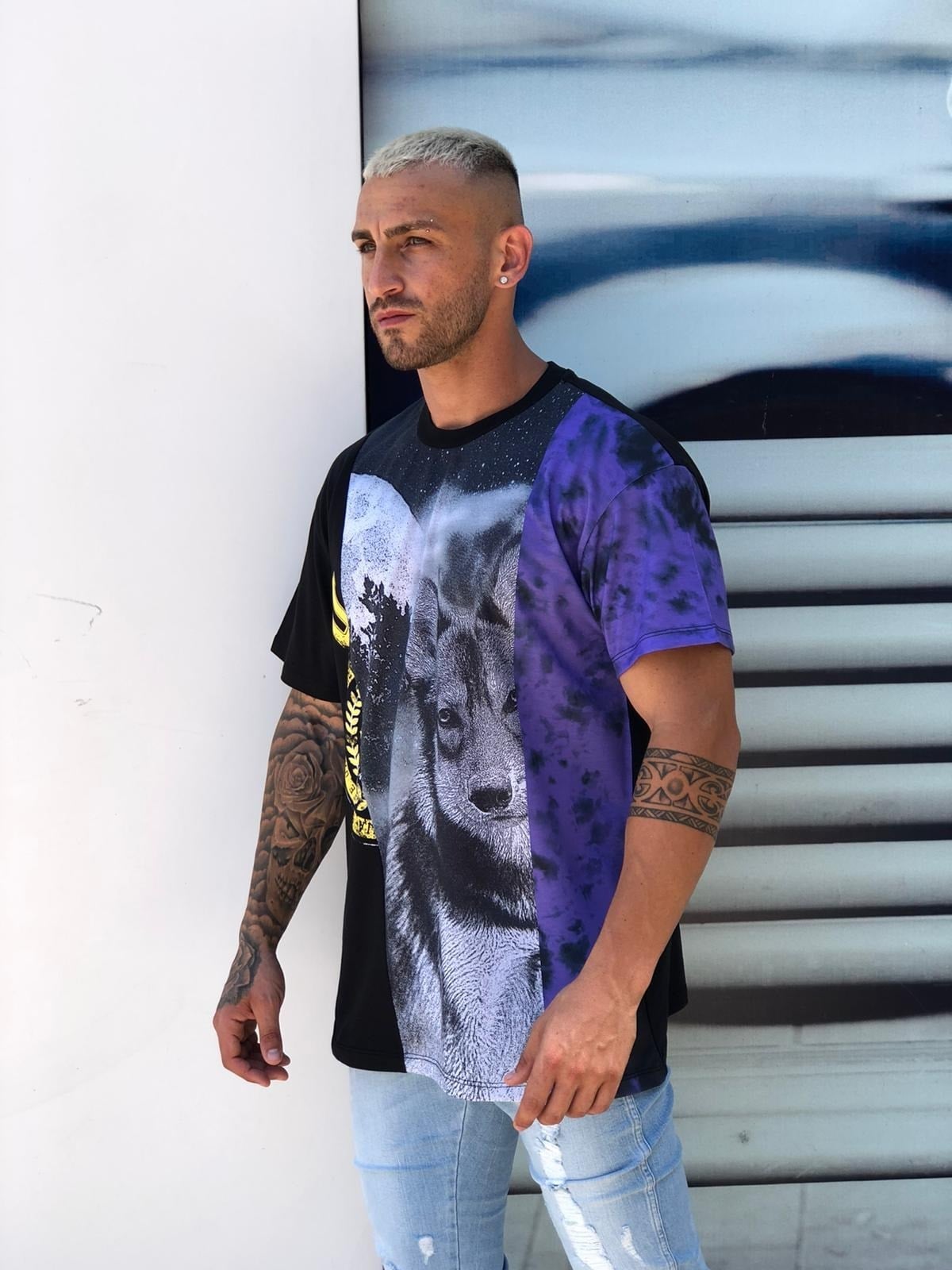 Oversize Önü Kurt BAskılı T shirt-Siyah
