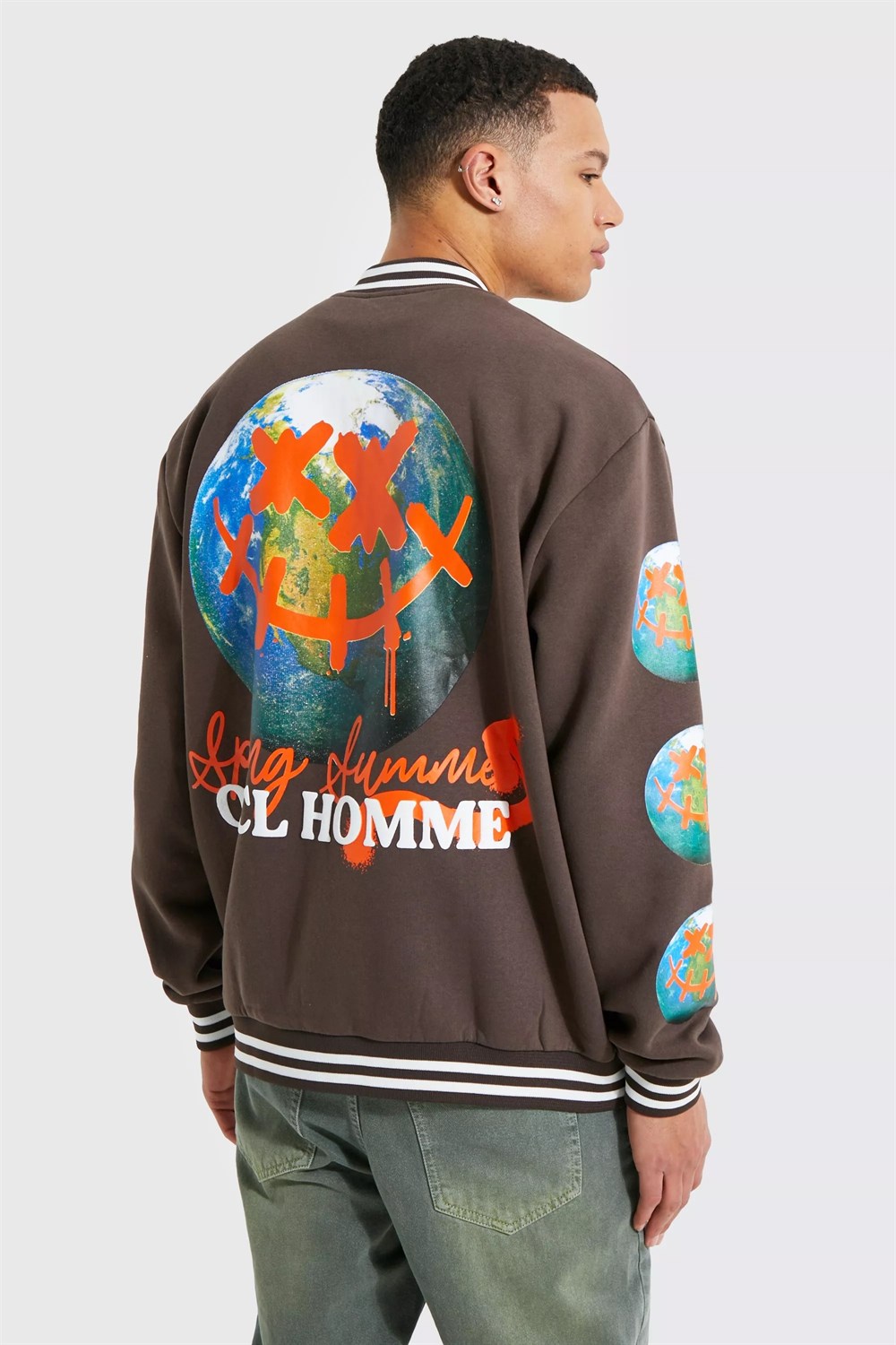 Oversize  Penye Çıtçıtlı  College Bomber Mont Sweat-Kahve