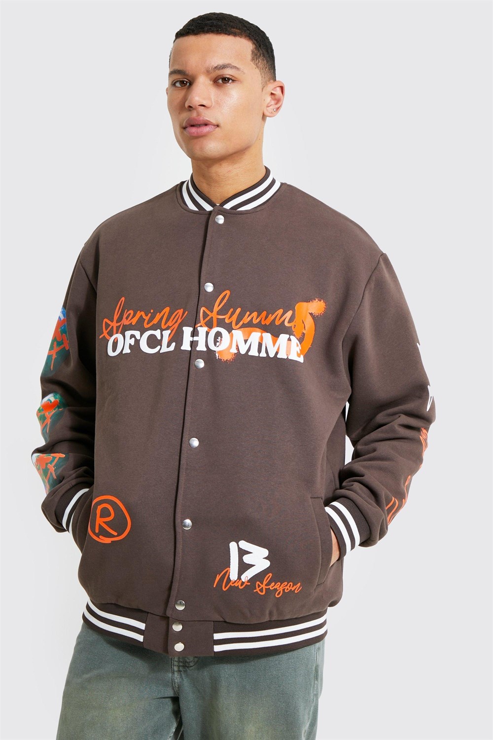 Oversize  Penye Çıtçıtlı  College Bomber Mont Sweat-Kahve