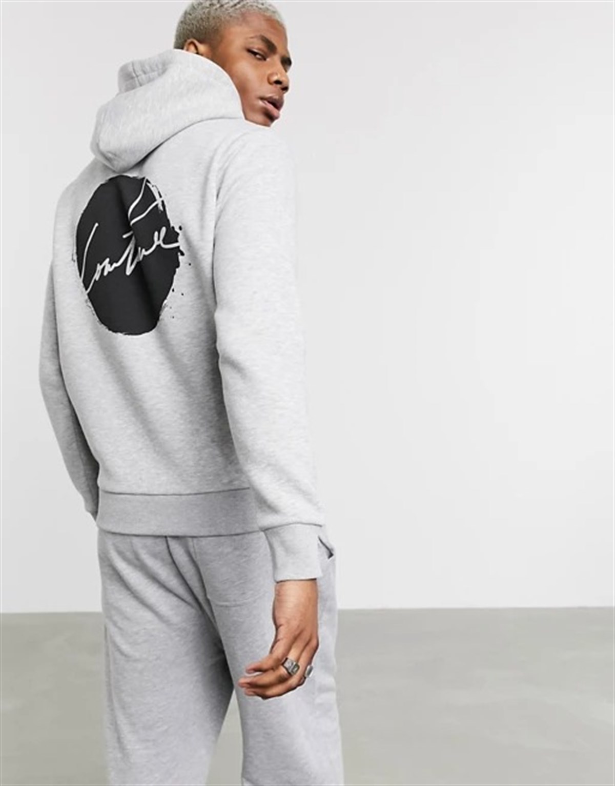 Oversize Unisex Arkası Yuvarlak Baskı Kapişonlu Sweat-Gri