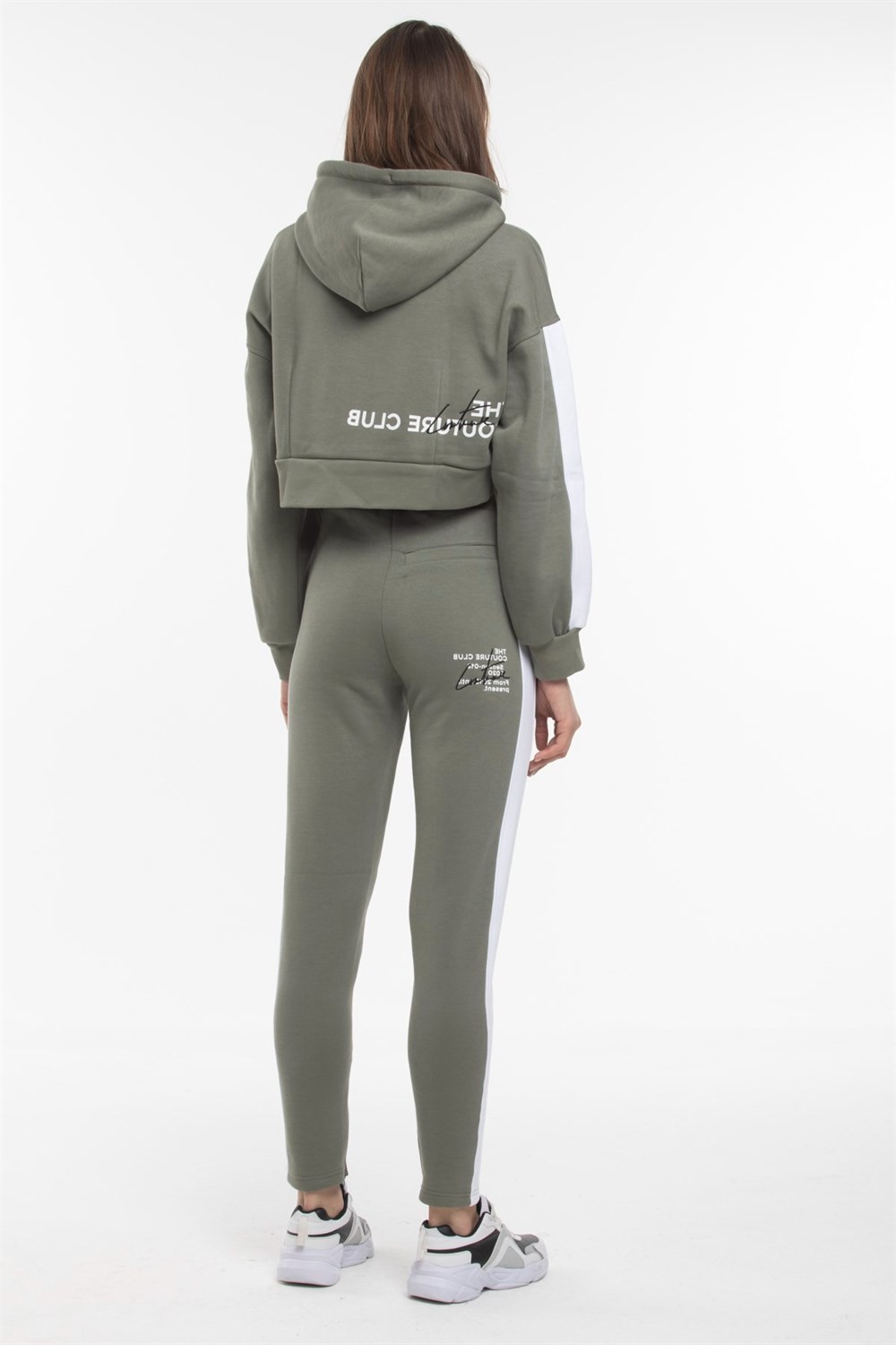 OversizeYazılı Şeritli  Kısa Crop Sweat-Haki