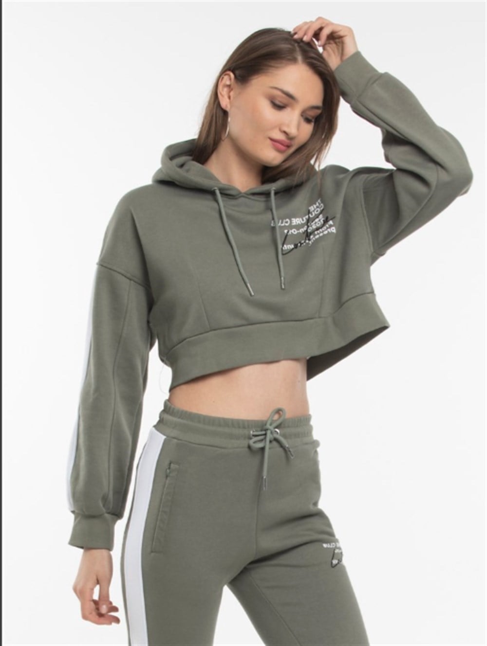 OversizeYazılı Şeritli  Kısa Crop Sweat-Haki