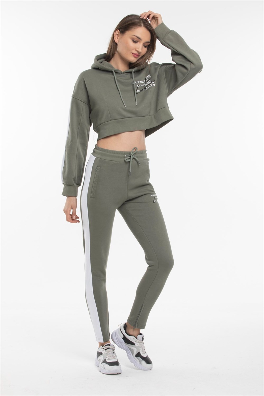 OversizeYazılı Şeritli  Kısa Crop Sweat-Haki