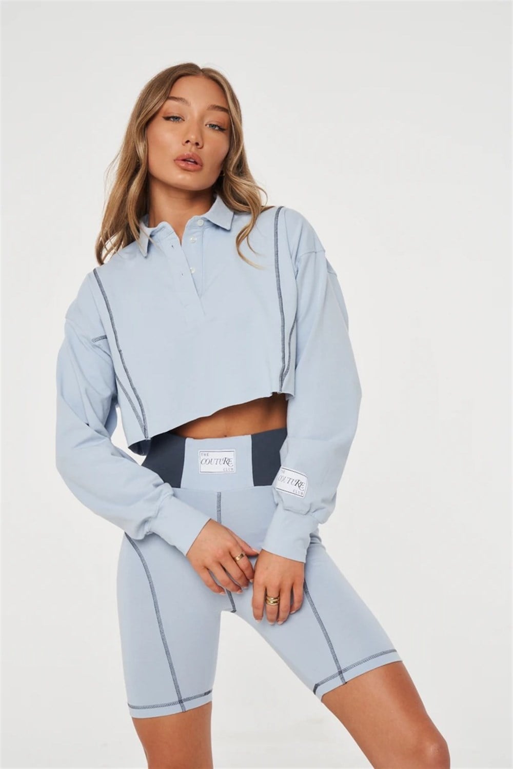 Polo Yaka Oversize Kısa Crop Sweat-Mavi Açık