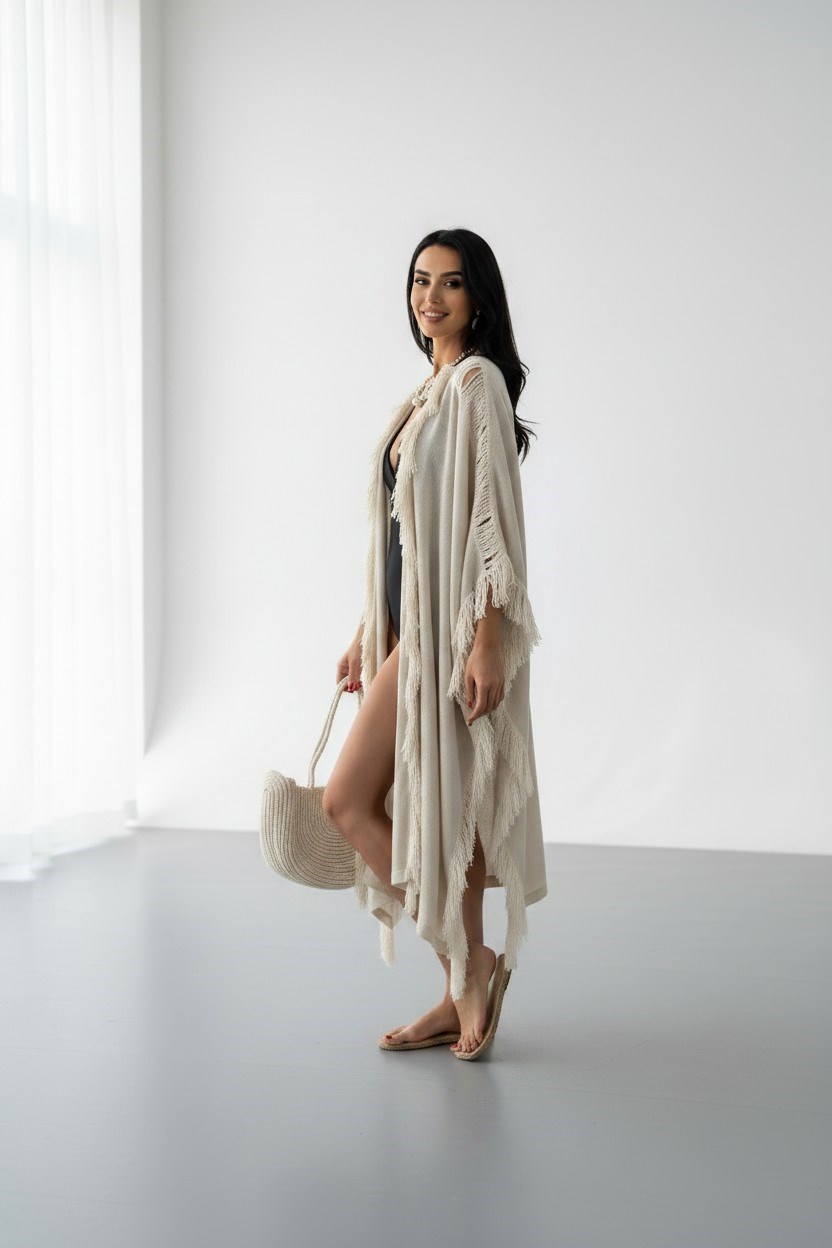Püsküllü  Kimono-Krem
