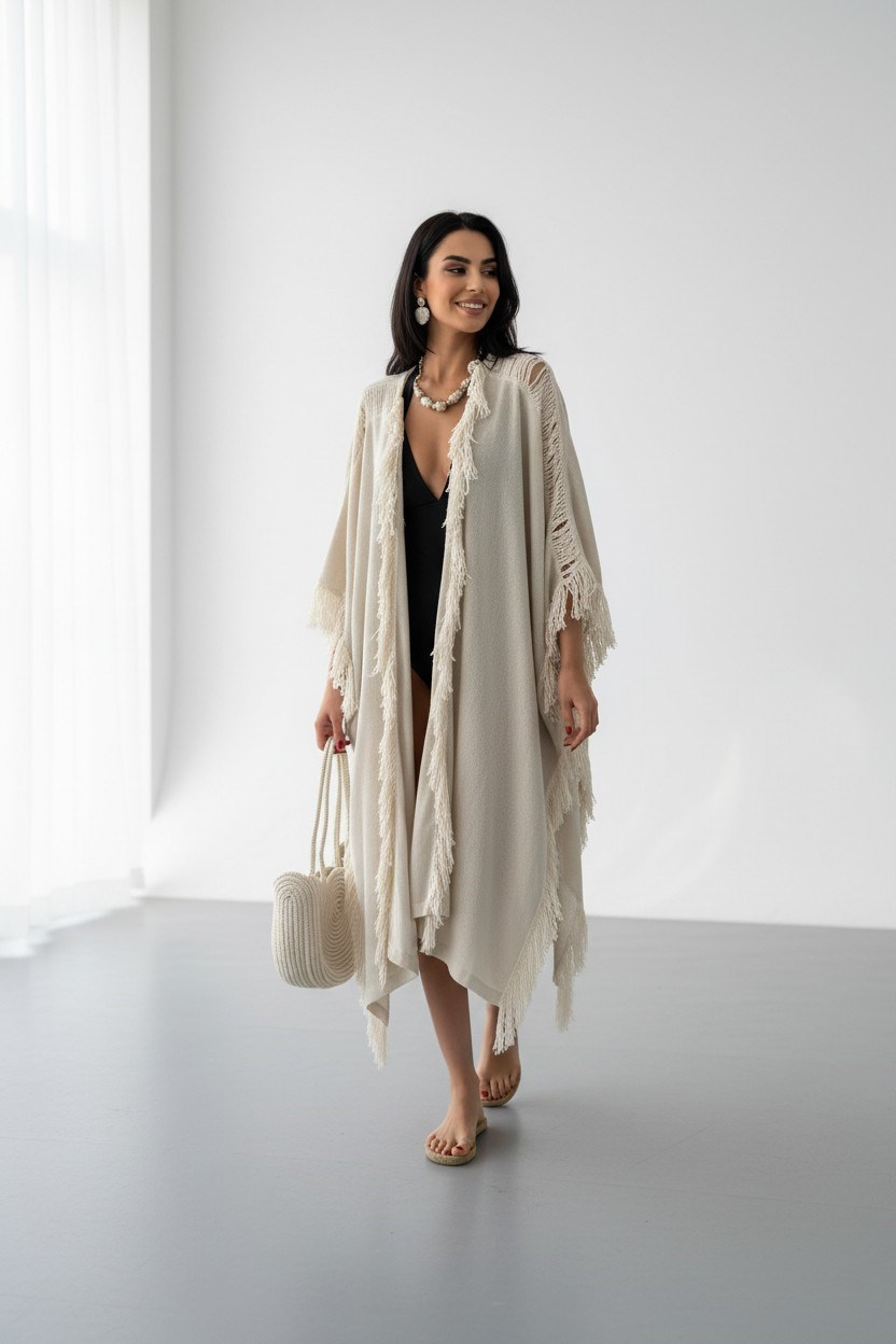 Püsküllü  Kimono-Krem