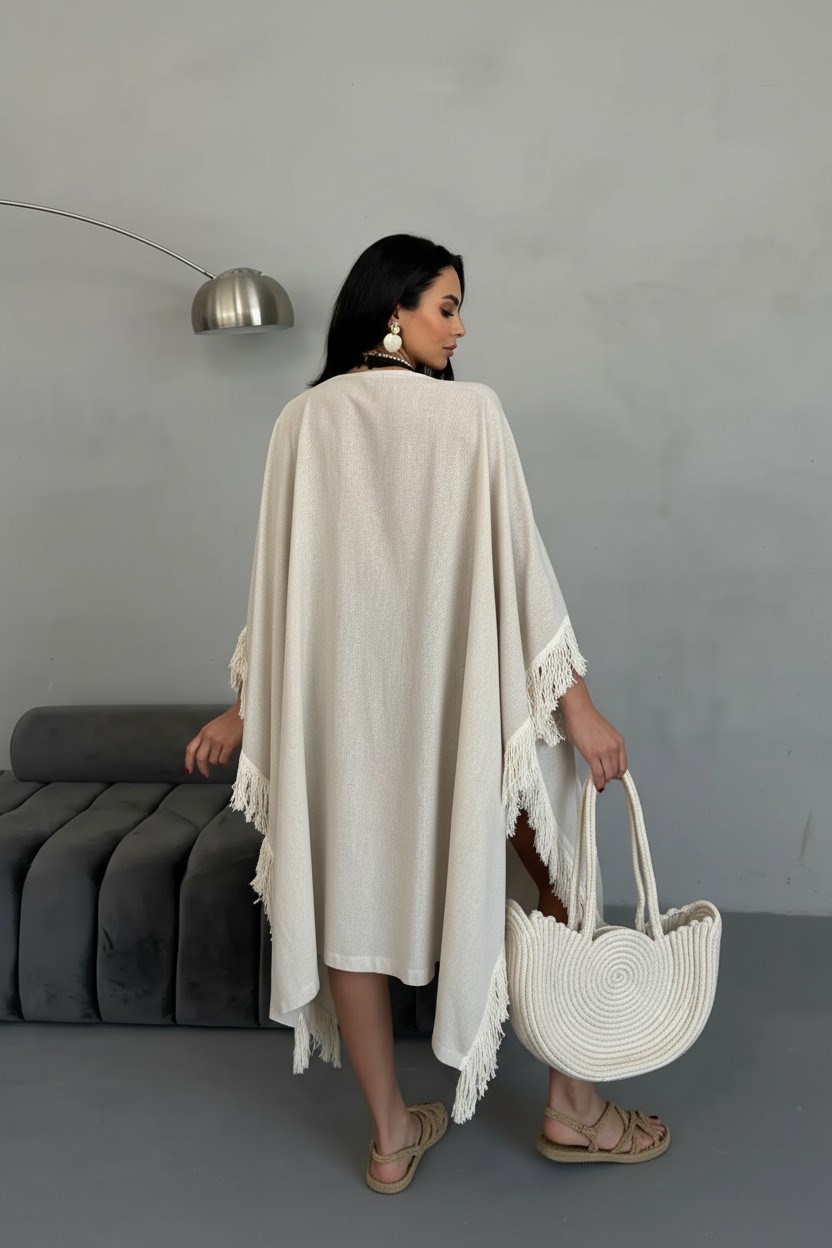Püsküllü  Kimono-Krem
