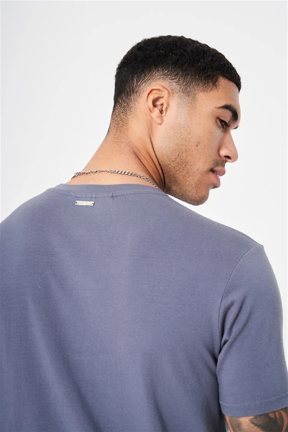 Slim Fit Ters  Logolu T shirt-İndigo Mavi