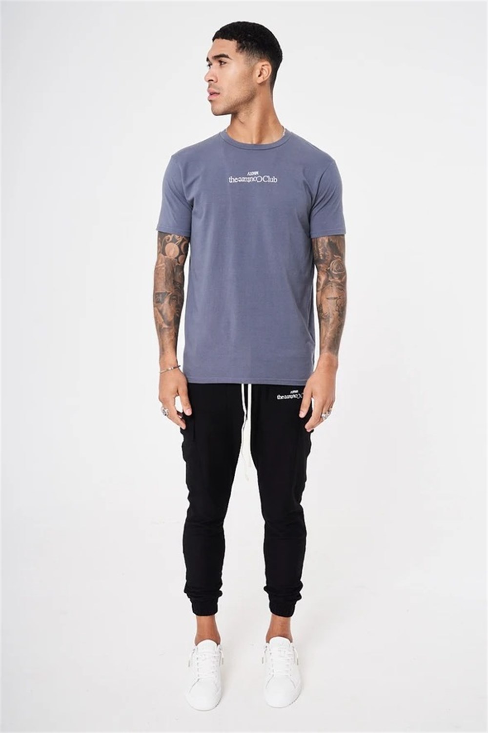 Slim Fit Ters  Logolu T shirt-İndigo Mavi