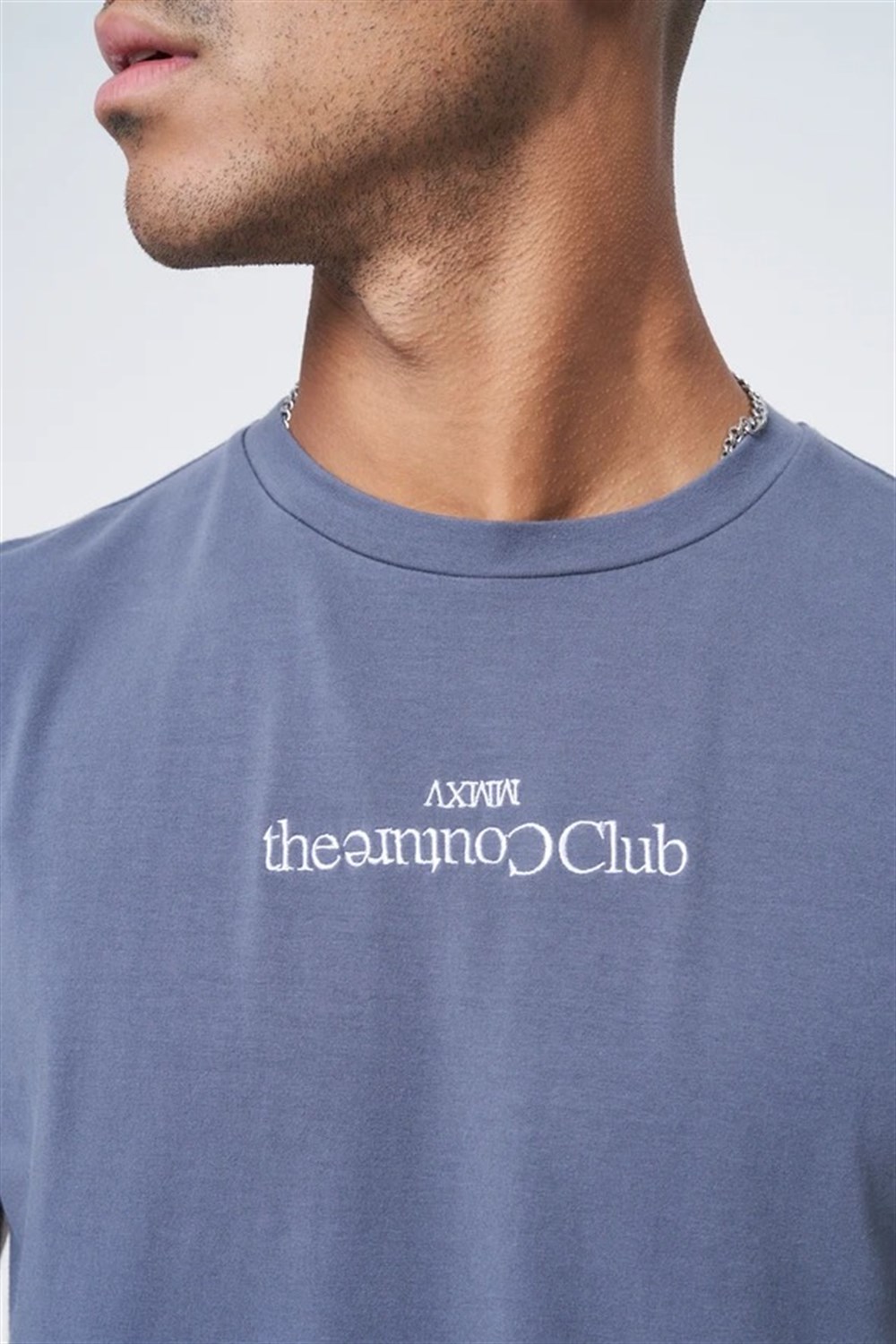 Slim Fit Ters  Logolu T shirt-İndigo Mavi