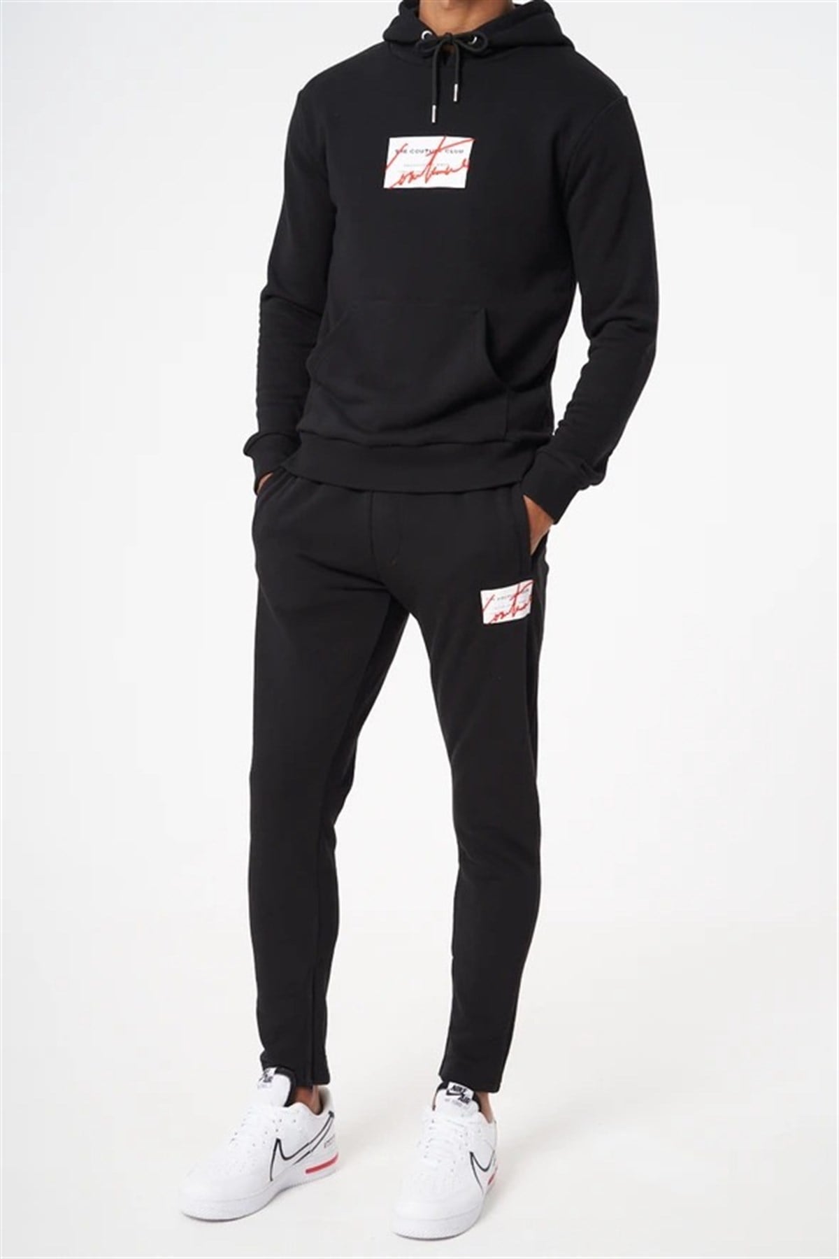 Unisex Kare Logo Kapişonlu Sweat-Siyah