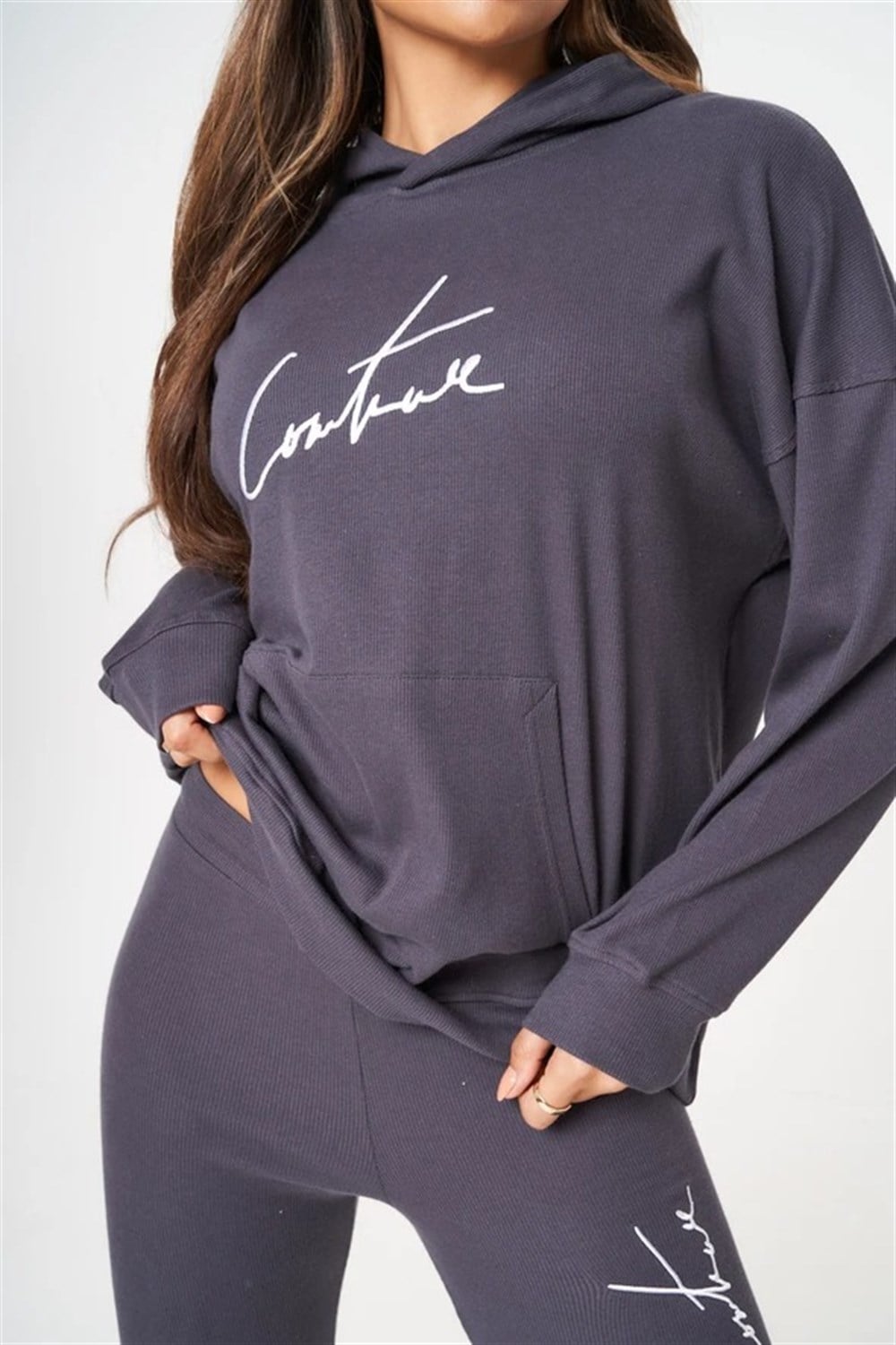 Unisex Oversize Fitilli Kumaş Sweat-Antrasit