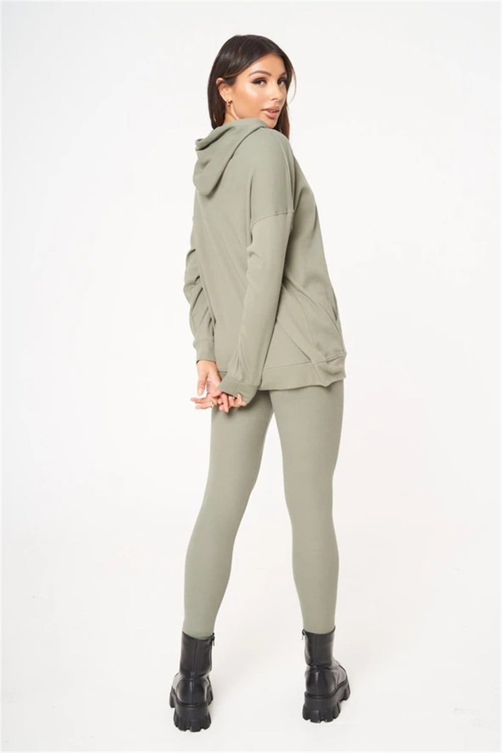 Unisex Oversize Fitilli Kumaş Sweat-Haki
