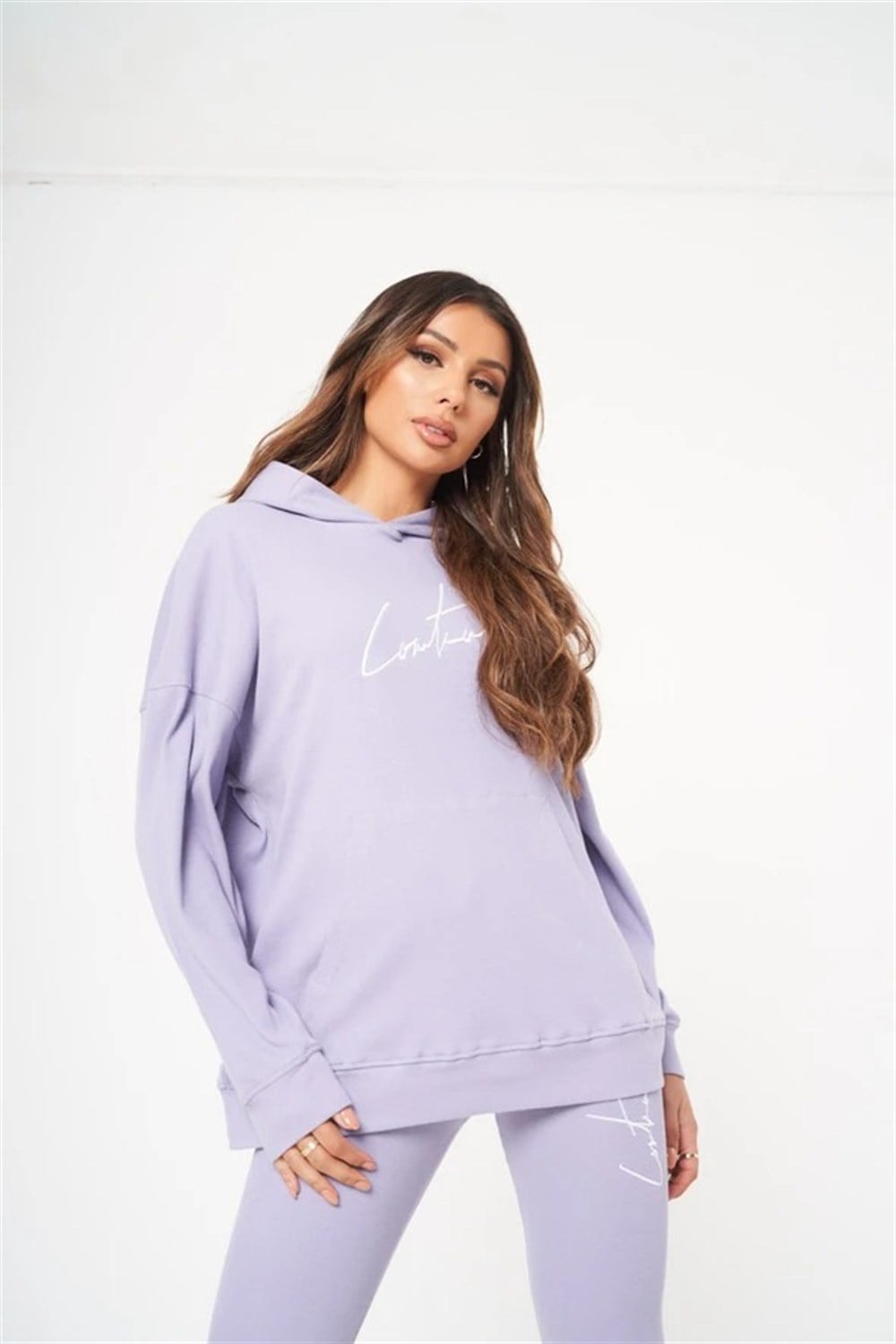 Unisex Oversize Fitilli Kumaş Sweat-Lila