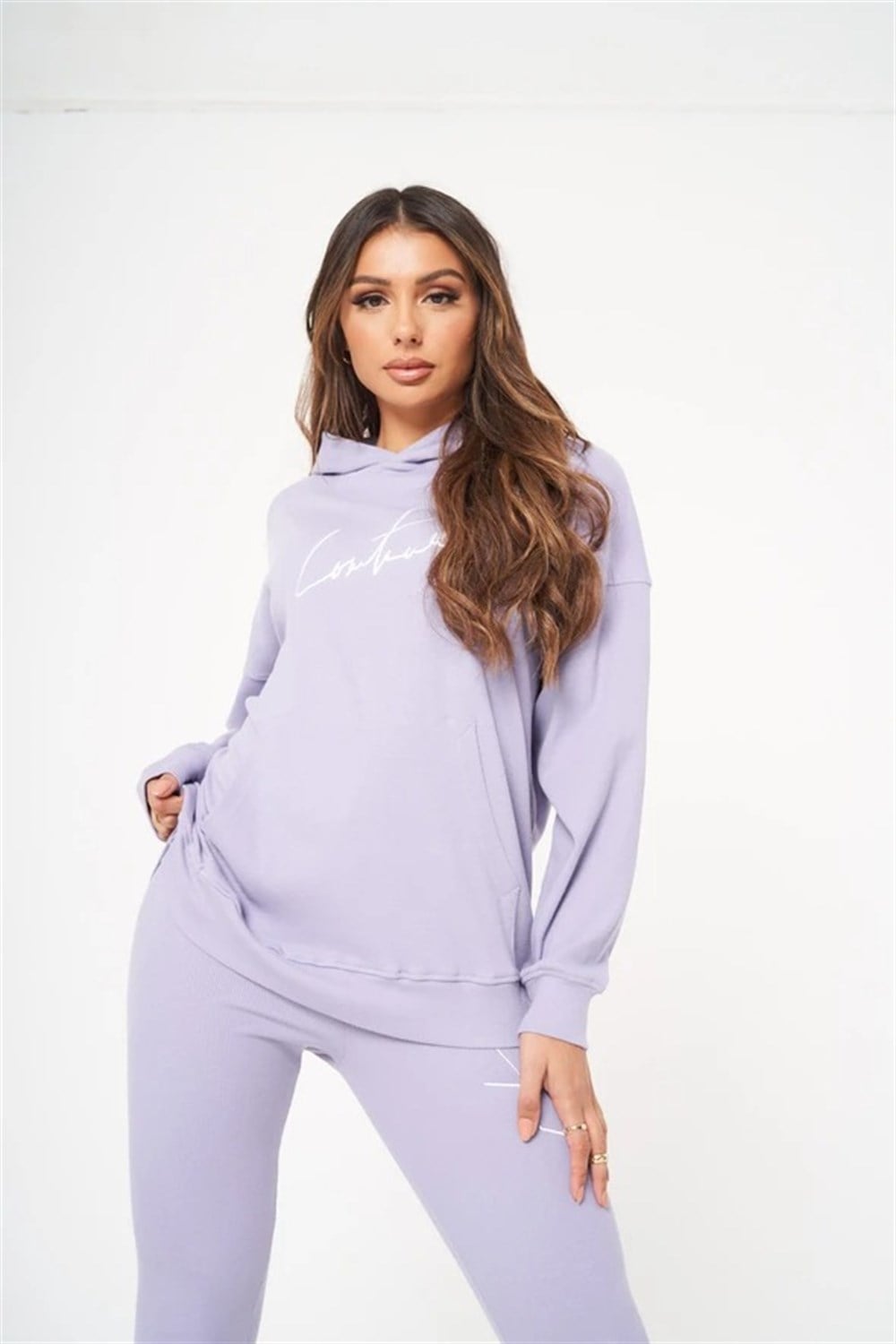 Unisex Oversize Fitilli Kumaş Sweat-Lila