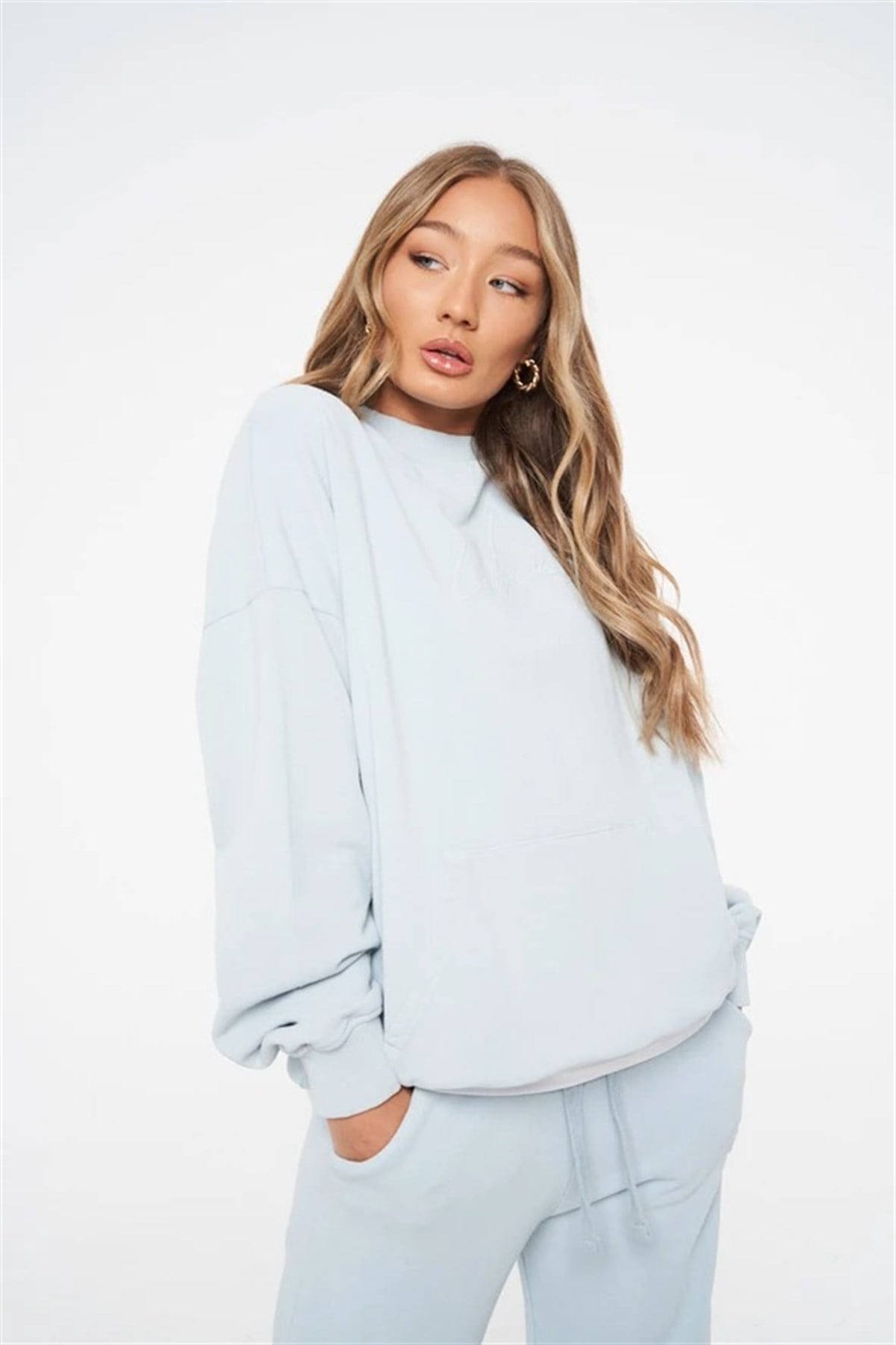 Unisex Oversize Yağ Yıkama  Sweat-Mavi Açık