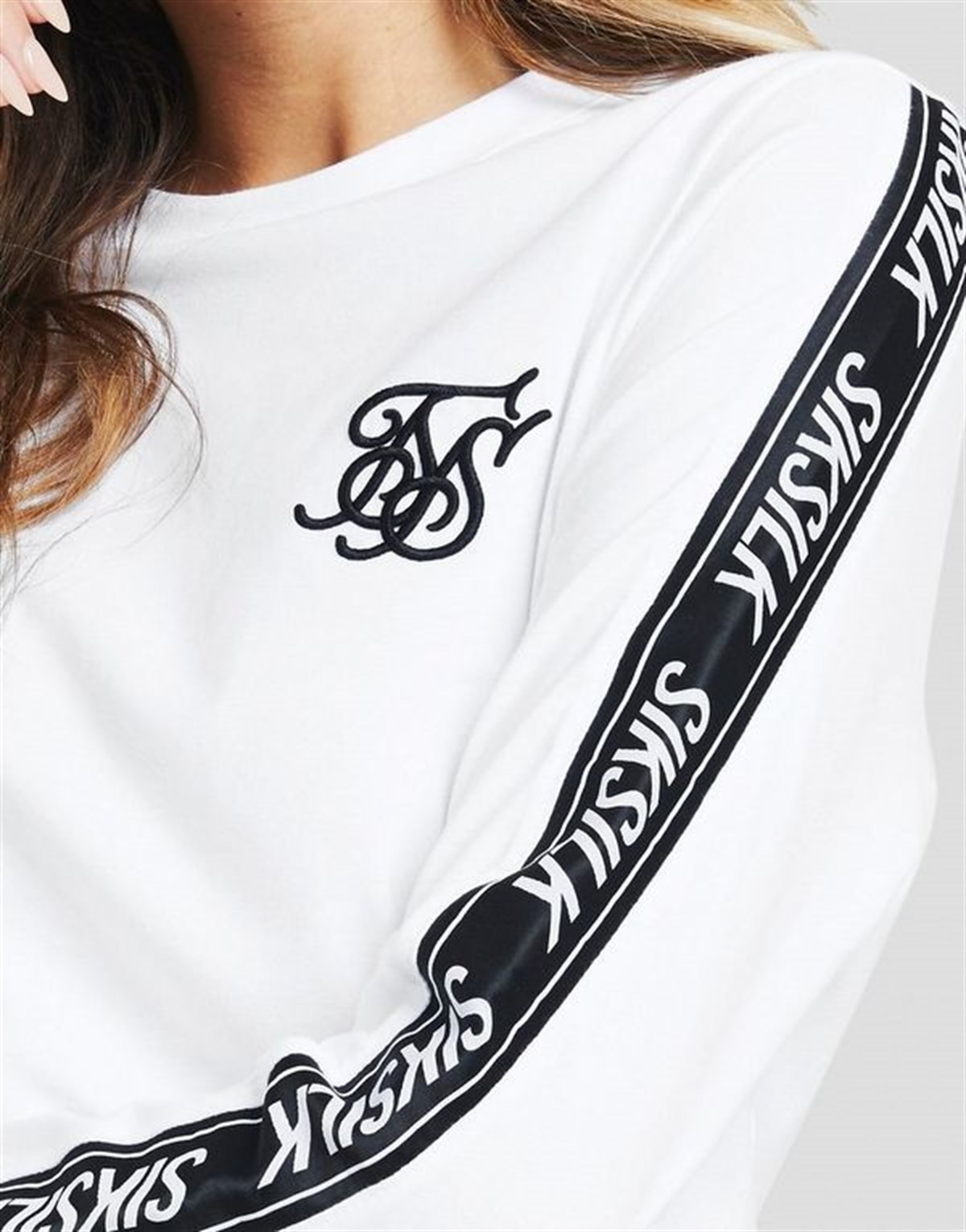 Yanları Şeritli Yazıl Sweat-Beyaz