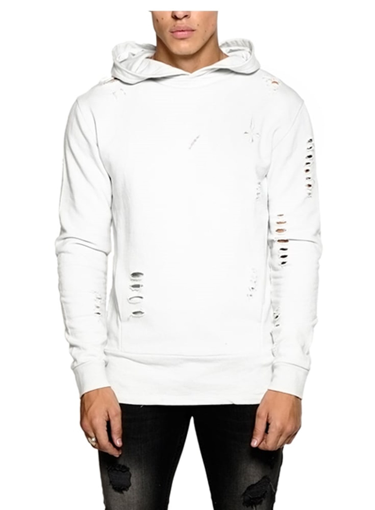Yırtıklı Kapişonlu  Sweat-Kirli Beyaz