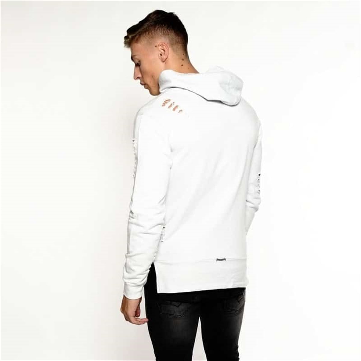 Yırtıklı Kapişonlu  Sweat-Kirli Beyaz