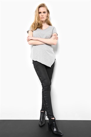 Asimetrik Derin V Yaka T shirt-Taş