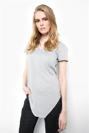 Asimetrik Derin V Yaka T shirt-Taş