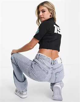 Baskılı Spor  Crop Tshirt-Siyah