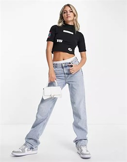 Baskılı Spor  Crop Tshirt-Siyah