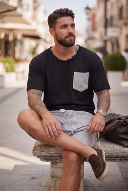 Cebi Çizgili T-shirt-Siyah