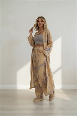 Desenli  Kimono Takım-Hardal