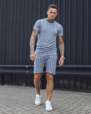 Dikey Çizgili T shirt-Mavi Açık