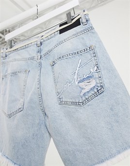 Eskitme Jean  Şort-Mavi Açık