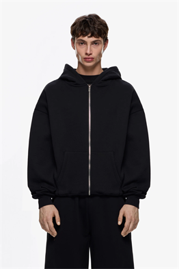 Fermuarlı Kapişonlu Sweat-Siyah