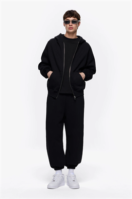 Fermuarlı Kapişonlu Sweat-Siyah