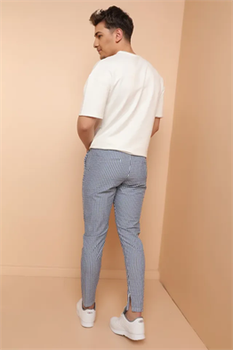 Gofre Çizgili  İpli Eşofman Pantolon-Lacivert-Beyaz