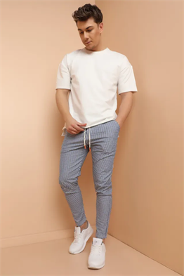 Gofre Çizgili  İpli Eşofman Pantolon-Lacivert-Beyaz