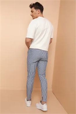 Gofre Çizgili  İpli Eşofman Pantolon-Lacivert-Beyaz