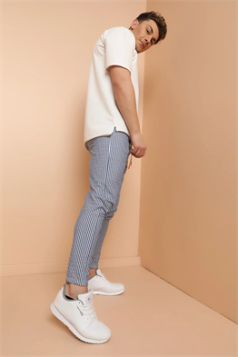 Gofre Çizgili  İpli Eşofman Pantolon-Lacivert-Beyaz