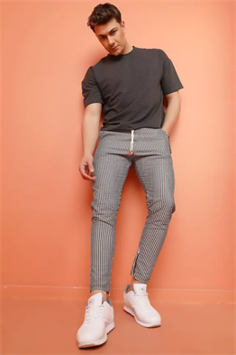 Gofre Çizgili  İpli Eşofman Pantolon-Siyah-Beyaz