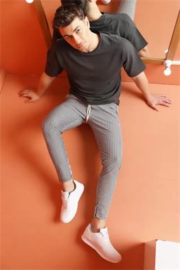 Gofre Çizgili  İpli Eşofman Pantolon-Siyah-Beyaz