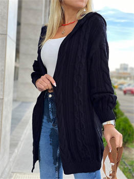 Kapişonlu Örme Triko Hırka-Siyah