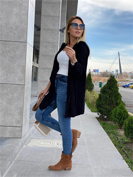 Kapişonlu Örme Triko Hırka-Siyah