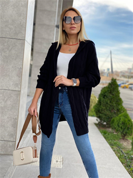 Kapişonlu Örme Triko Hırka-Siyah