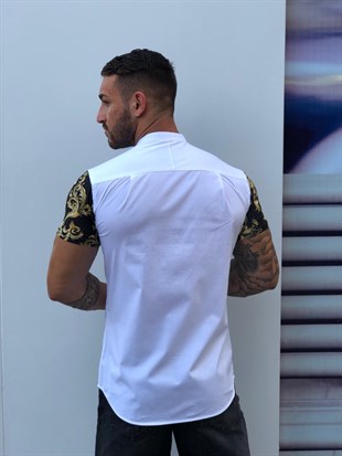 Kolları Gold Raglan HAkim Yaka  Gömlek S/S-Beyaz