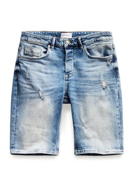 Likralı Eskitmeli Jean Şort-Mavi Açık