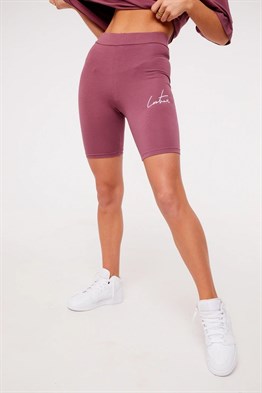 Logolu Penye Kısa Tayt  Şort-Gülkurusu