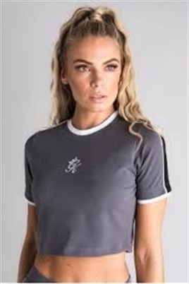 Omuzları Şeritli  Crop  BAsic T Shirt-Gri Koyu