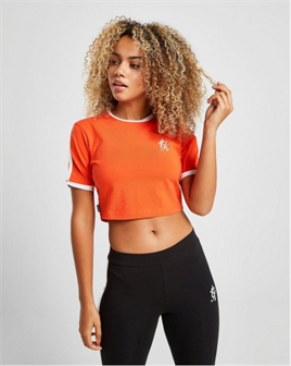 Omuzları Şeritli  Crop  BAsic T Shirt-Turuncu