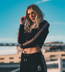 Omuzları Şeritli Crop Sweat-Siyah